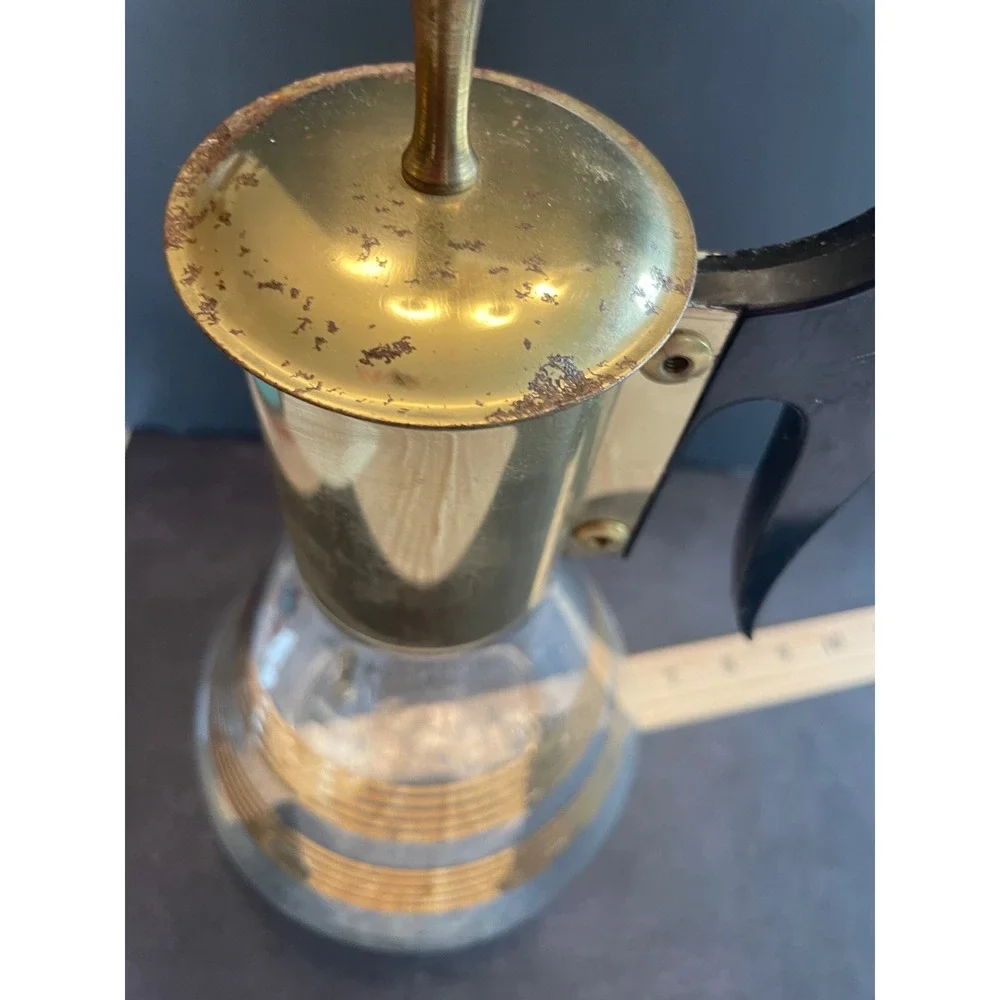 Vintage Pyrex Coffee Carafe Gold Stripes MCM Brass Warming Stand Bakelite Handle
